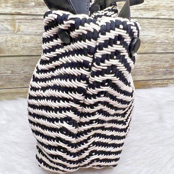 ZARA Woven Crochet Beige Black Cotton Bohemian Purse Shoulder Bag Tote - Picture 6 of 12